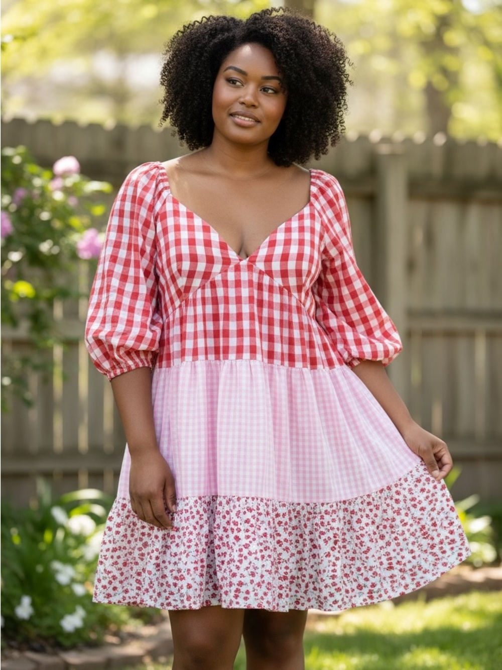 ASOS Red and Pink Gingham Tiered Mini Dress